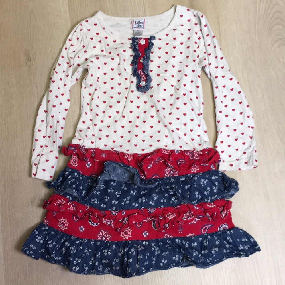 Cotton Kids Heart Print Bandana Ruffle Tiered Skirt Dress size 6 100% Cotton